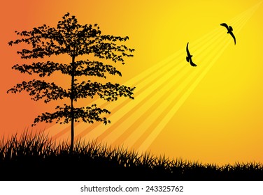 Illustration of tree silhouette with bird flying-Vector illustration
