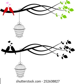 Illustration of tree silhouette with birds in love