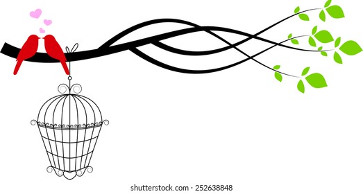 Illustration of tree silhouette with birds in love