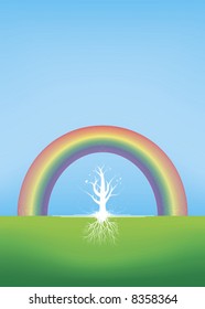 Illustration of a tree silhouette with summer or spring butterflies with roots made in a grunge and floral style with a rainbow over the sky.