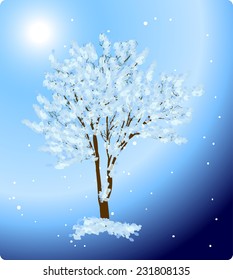 illustration with tree in snow on blue background