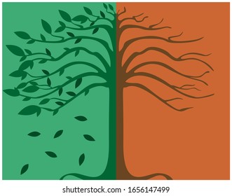 illustration of the tree as a source of life and the other side is a dry tree during the dry season