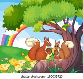 Illustration of a tree with squirrels
