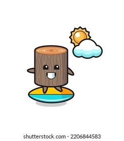 Illustration of tree stump cartoon do surfing on the beach , cute design
