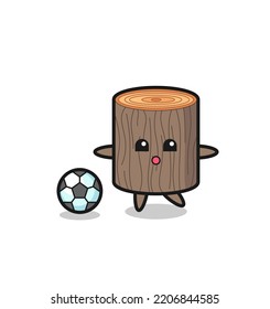 Illustration of tree stump cartoon is playing soccer , cute design
