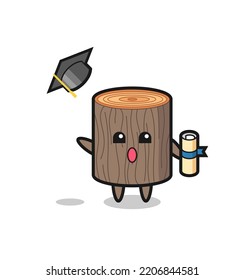 Illustration of tree stump cartoon throwing the hat at graduation , cute design