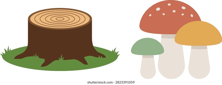 Illustration of tree stump and forest mushrooms with mushroom botanical woodland mycology