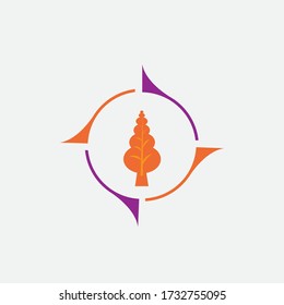 árbol de ilustraciones, emblema de círculo solar, signo de dirección, icono de diseño de estado vectorial