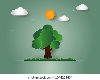 illustration tree and sun concept save the world, green of earth day. design paper art and craft style 