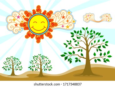 Illustration von Baum, Sonnenstrahlen in einer schönen Natur
