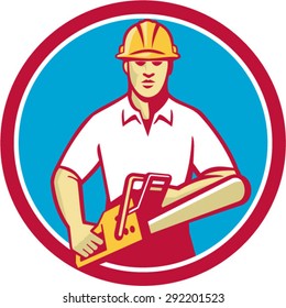 Illustration of a tree surgeon arborist gardener tradesman worker wearing hard hat  holding chainsaw facing front set inside circle done in retro style on isolated background.