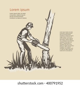 Illustration of a tree surgeon arborist trimmer pruner cutting with chainsaw done in retro style. Eps-8