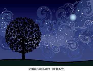 Illustration with tree under night sky with stars and milky way