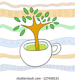 Illustration of a tree in a white cup on a background of colorful laces.