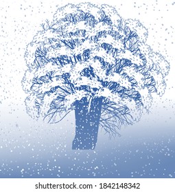 ilustración con árbol en invierno sobre fondo azul