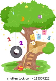 Illustration of a Treehouse With Numbers and Letters of the Alphabet Hanging from its Branches