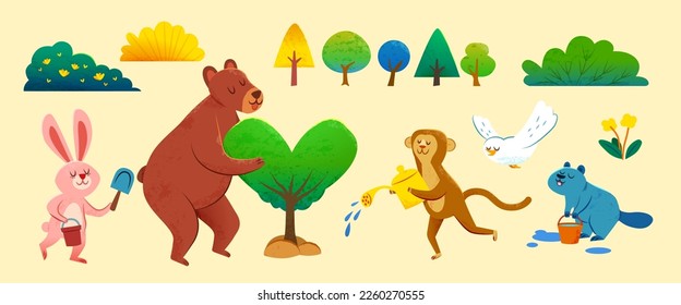 Illustration of trees, bushes, cute animal planting heart shape tree, watering, carrying hand shovel and bucket of water isolated on light yellow background. Suitable for Arbor day and Earth day