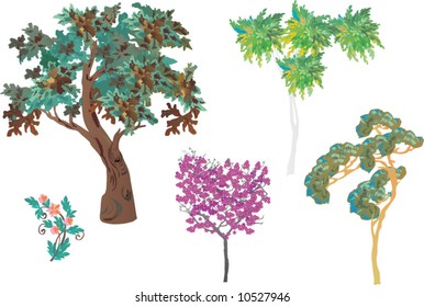 illustration with trees collection on white background