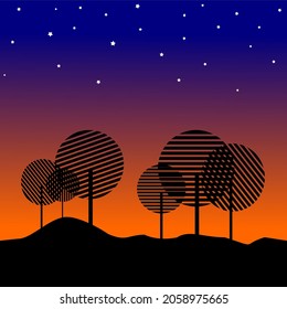 illustration of trees in the evening, silhouette, starry sky