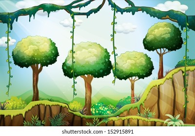 Illustration of the trees in the forest under the rays of the sun