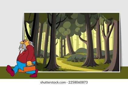 illustration of a trees and graphic of jungle and businessman