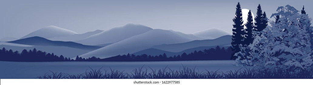 ilustración con árboles en montañas grises
