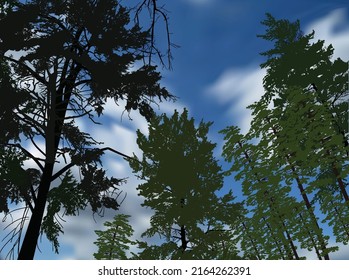 illustration with trees groups on blue sky background
