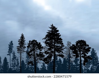 illustration with trees groups on grey sky background