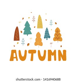 Illustration with trees, leaves and hand lettering Autumn in cartoon style. Autumn template for benner, flyer, brochure. Vector