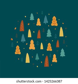 Illustration with trees, leaves and hand lettering Autumn in cartoon style. Autumn template for benner, flyer, brochure. Vector
