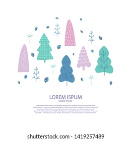 Illustration with trees, leaves and place for text in cartoon style. Template for benner, flyer. Vector