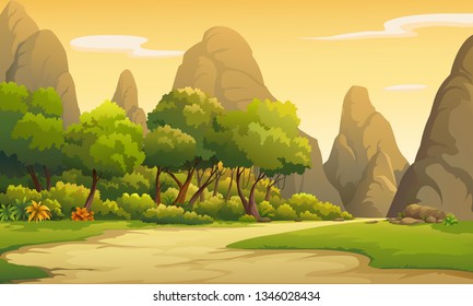 Illustration of trees and mountains in the evening atmosphere.