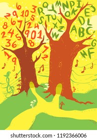 Illustration of Trees with Numbers, Letters and Musical Notes. Learning Design Concept