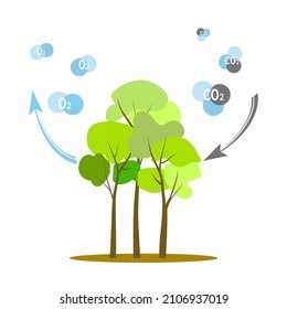 Illustration von Bäumen, die Sauerstoff freisetzen und Kohlendioxid aufnehmen, Umweltschutz, Anpflanzung einer Billion Bäume auf der Erde. Große grüne Bäume und O2- und CO2-Moleküle