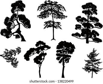 illustration with trees set isolated on white background