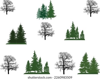 illustration with trees set isolated on white background