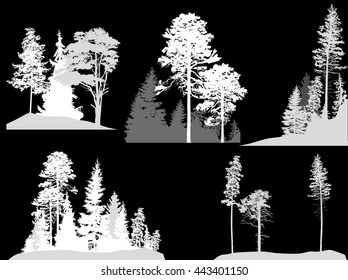 illustration with trees set isolated on black background