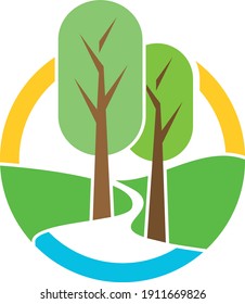 illustration of trees and sun in a circle
