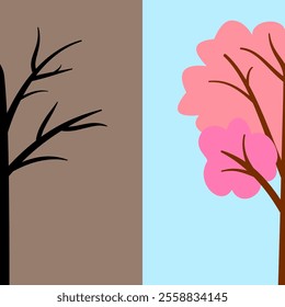 Illustration of trees that convey different personalities. Brightly colored trees convey liveliness and fun. Dry trees convey darkness and sadness. Seamless pattern.