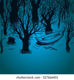 Illustration of trees in the water with lonely boat, floating boat in the lake