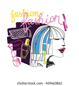Illustration trend girl. A sketch of the young woman with bright lips. Fashion vector illustration