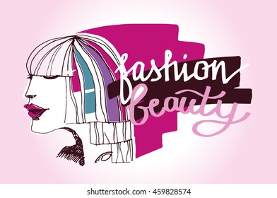 Illustration trend girl. A sketch of the young woman with bright lips. Fashion vector illustration