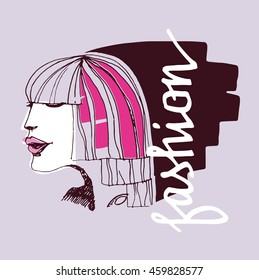 Illustration trend girl. A sketch of the young woman with bright lips. Fashion vector illustration
