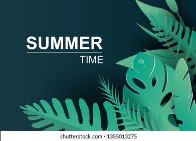 illustration of trends Summer Tropical palm leaves and plants.Digital Paper cut and craft Origami Hawaiian style summertime space for text. Graphic dark green summer season floral background.vector