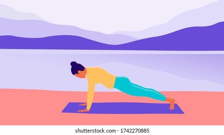 Illustration in trendy colors. A girl doing yoga in nature by the river. Outdoor sport enhances health. The girl’s doing yoga on the mat