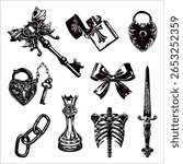 Illustration of trendy elements gothic tattoo with graphic style halftones for creating design collages, templates, seamless pattern etc.