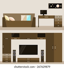 illustration in trendy flat style with brown beige room interior for use in design for for card, invitation, poster, banner, placard or billboard cover