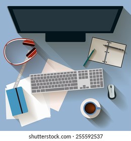illustration in trendy flat style with electronic things used in everyday life of modern people isolated on blue background for use in design for card, invitation, poster, banner, placard,  billboard 