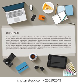 illustration in trendy flat style with items used in usual life of modern people isolated on soft beige background for use in design for card, invitation, poster, banner, placard or billboard 