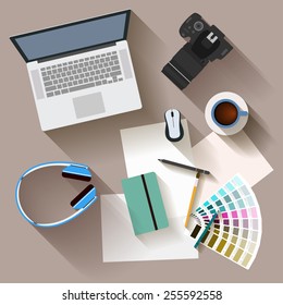 illustration in trendy flat style with objects with long shadow used in usual life of modern people isolated on beige background for use in design for card, poster, banner, placard or billboard 